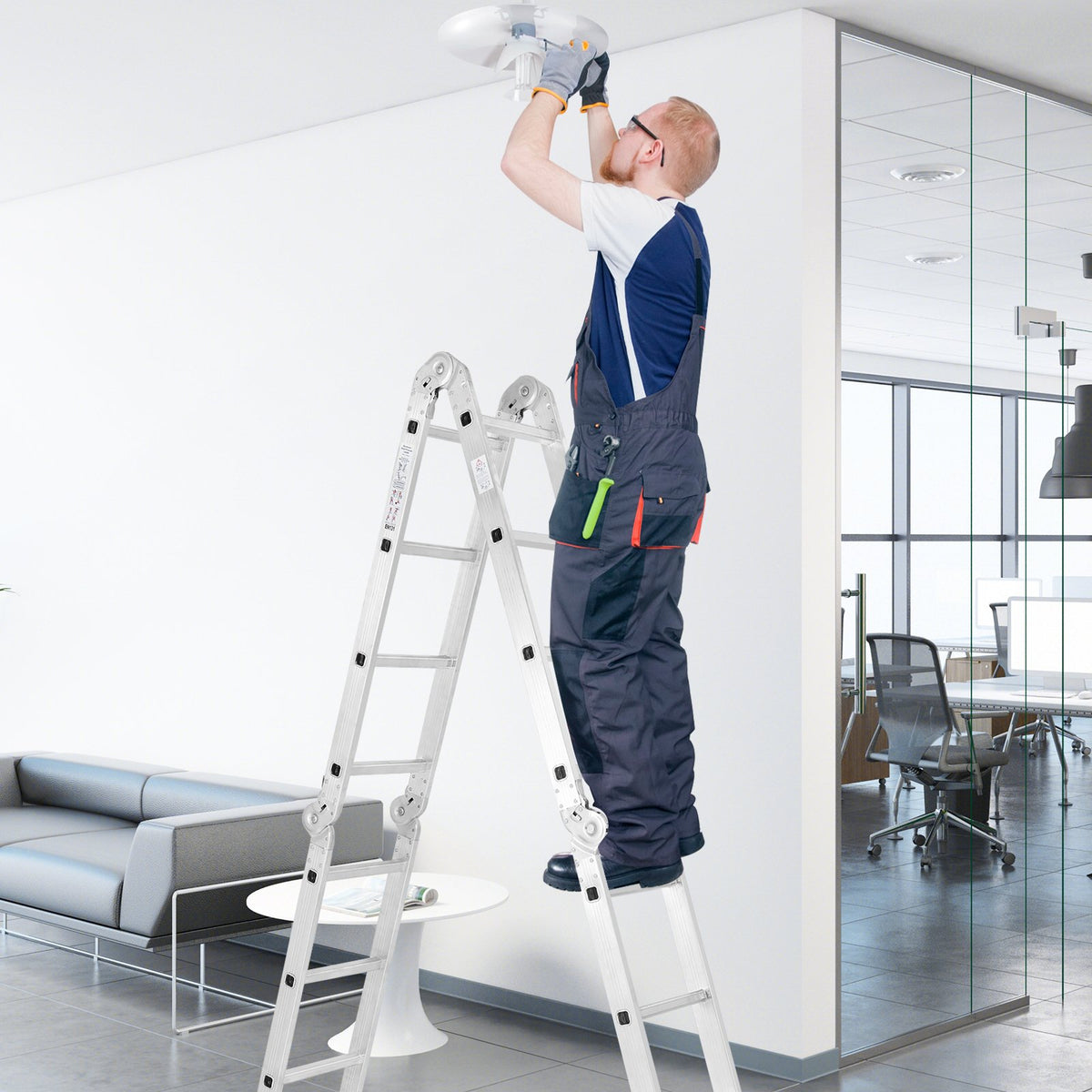 15 Feet Folding Aluminum Ladder with Safe Locking Hinge view 2