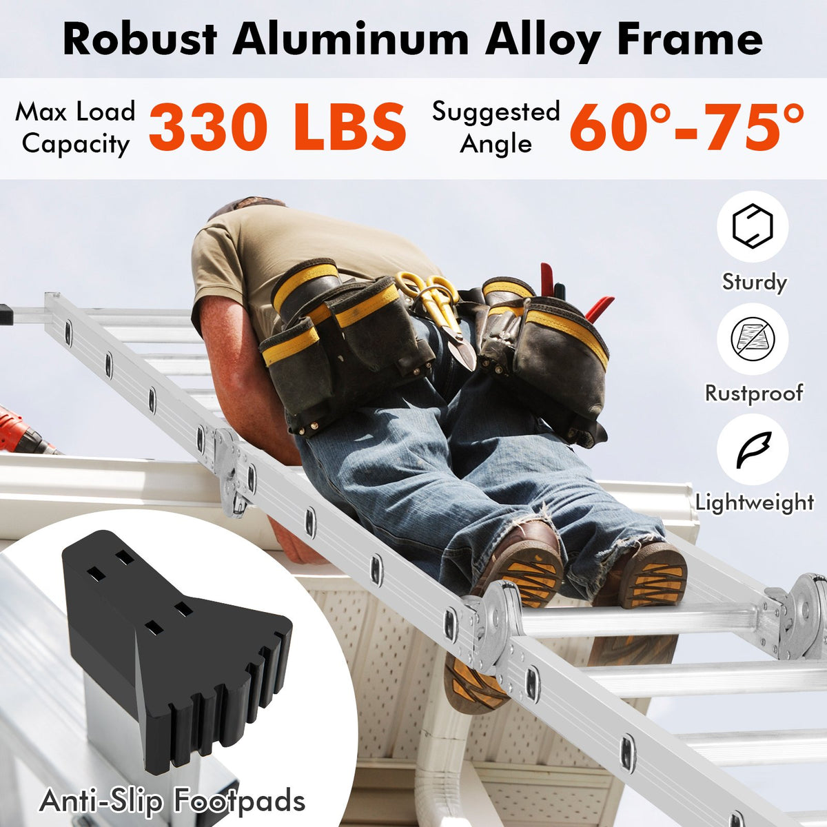15 Feet Folding Aluminum Ladder with Safe Locking Hinge view 6