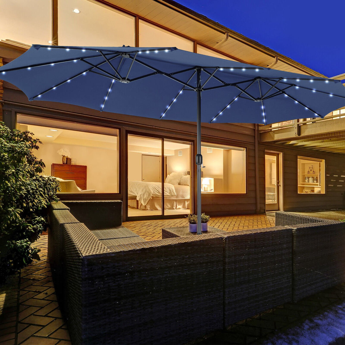 15 Feet Twin Patio Umbrella with 48 Solar LED Lights-Navy view 2
