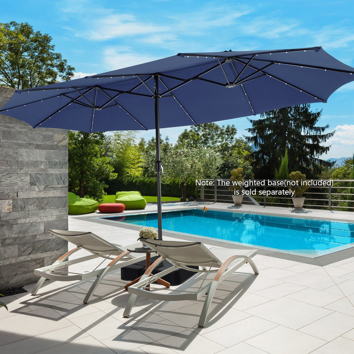 15 Feet Twin Patio Umbrella with 48 Solar LED Lights-Navy view 3