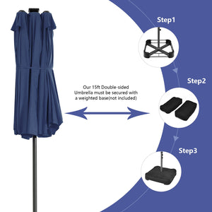 15 Feet Twin Patio Umbrella with 48 Solar LED Lights-Navy view 7