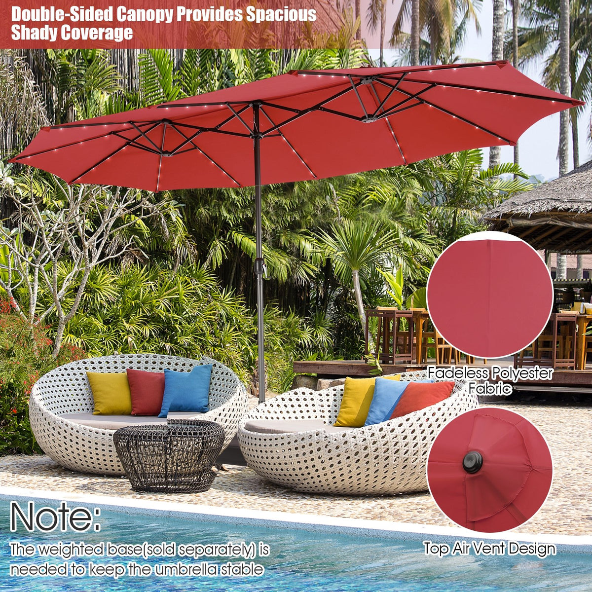 15 Feet Twin Patio Umbrella with 48 Solar LED Lights-Wine view 3