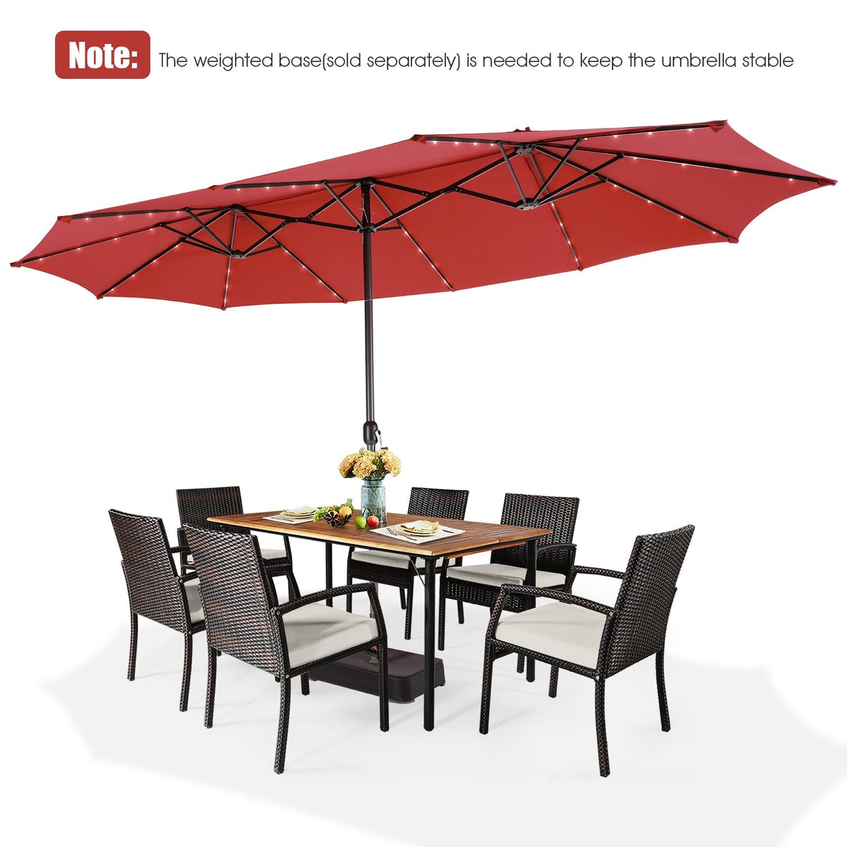 15 Feet Twin Patio Umbrella with 48 Solar LED Lights-Wine view 4
