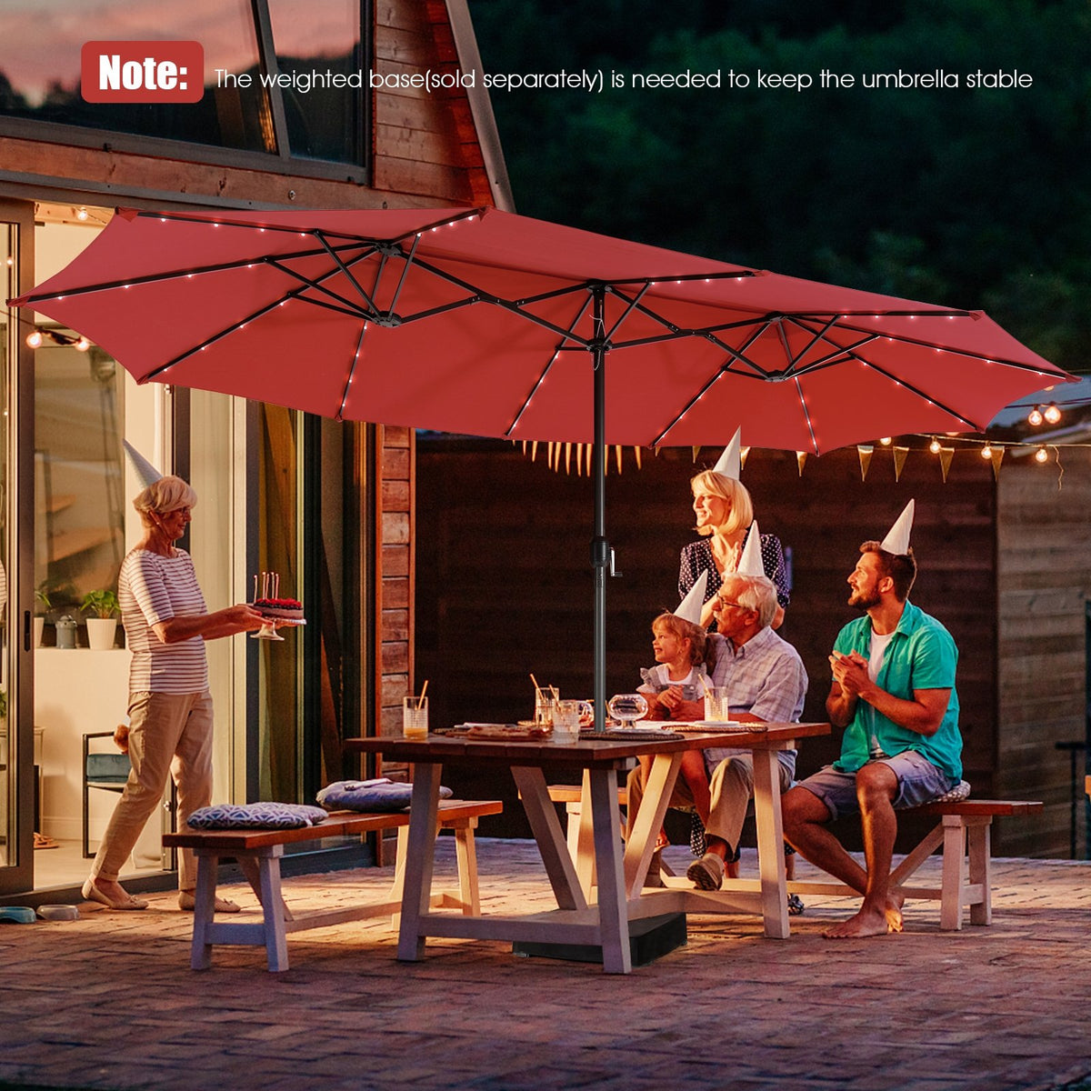 15 Feet Twin Patio Umbrella with 48 Solar LED Lights-Wine view 6