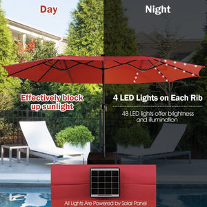 15 Feet Twin Patio Umbrella with 48 Solar LED Lights-Wine view 7
