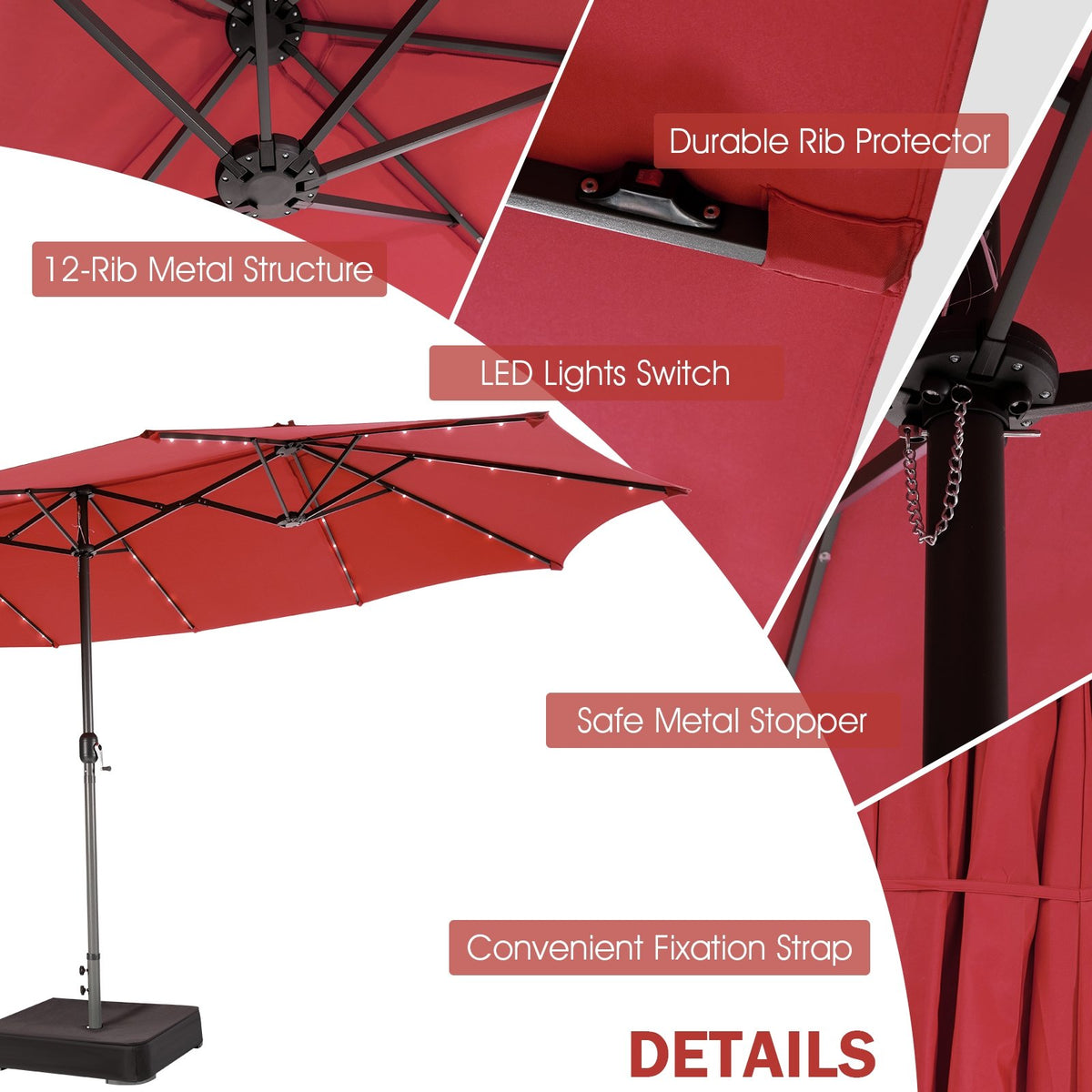15 Feet Twin Patio Umbrella with 48 Solar LED Lights-Wine view 9