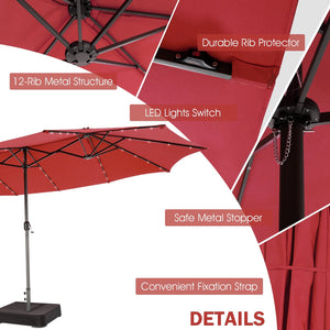 15 Feet Twin Patio Umbrella with 48 Solar LED Lights-Wine view 9
