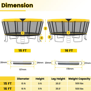 15 FT Outdoor Trampoline ASTM Compliant Recreational Trampoline with Non-Slip Ladder-Yellow view 4