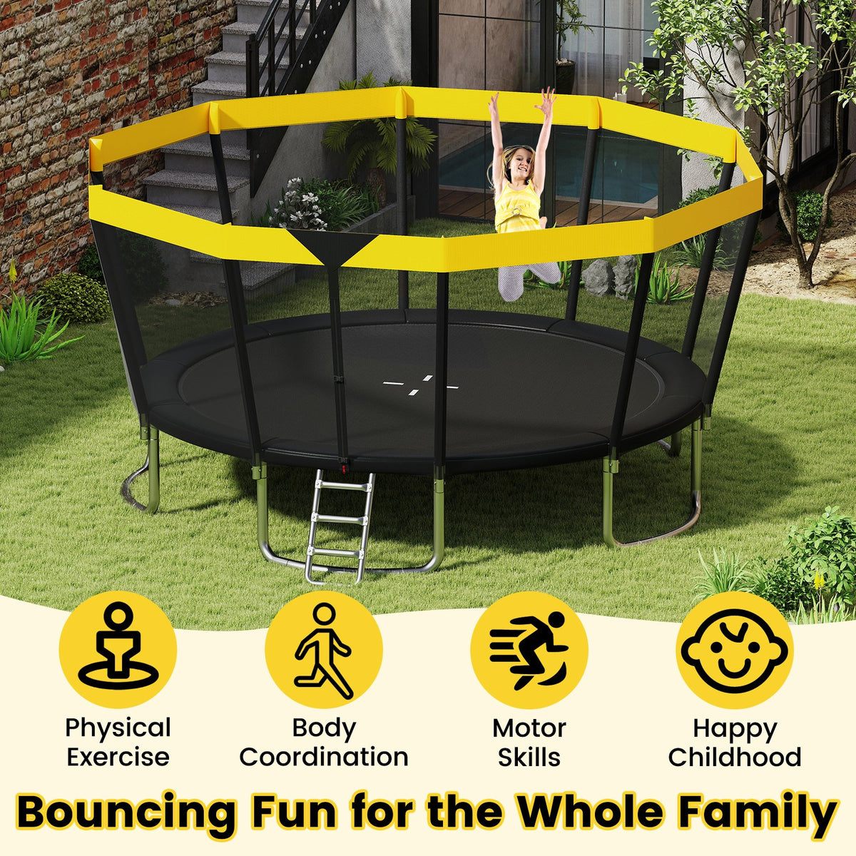 15 FT Outdoor Trampoline ASTM Compliant Recreational Trampoline with Non-Slip Ladder-Yellow view 7