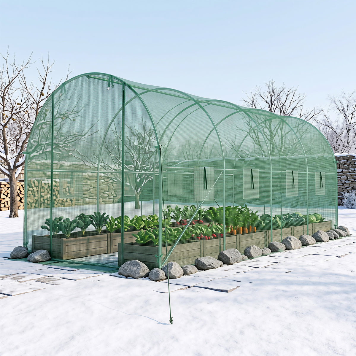 15 x 7 x 7 ft Walk-in Tunnel Greenhouse for Outdoors-Green view 2