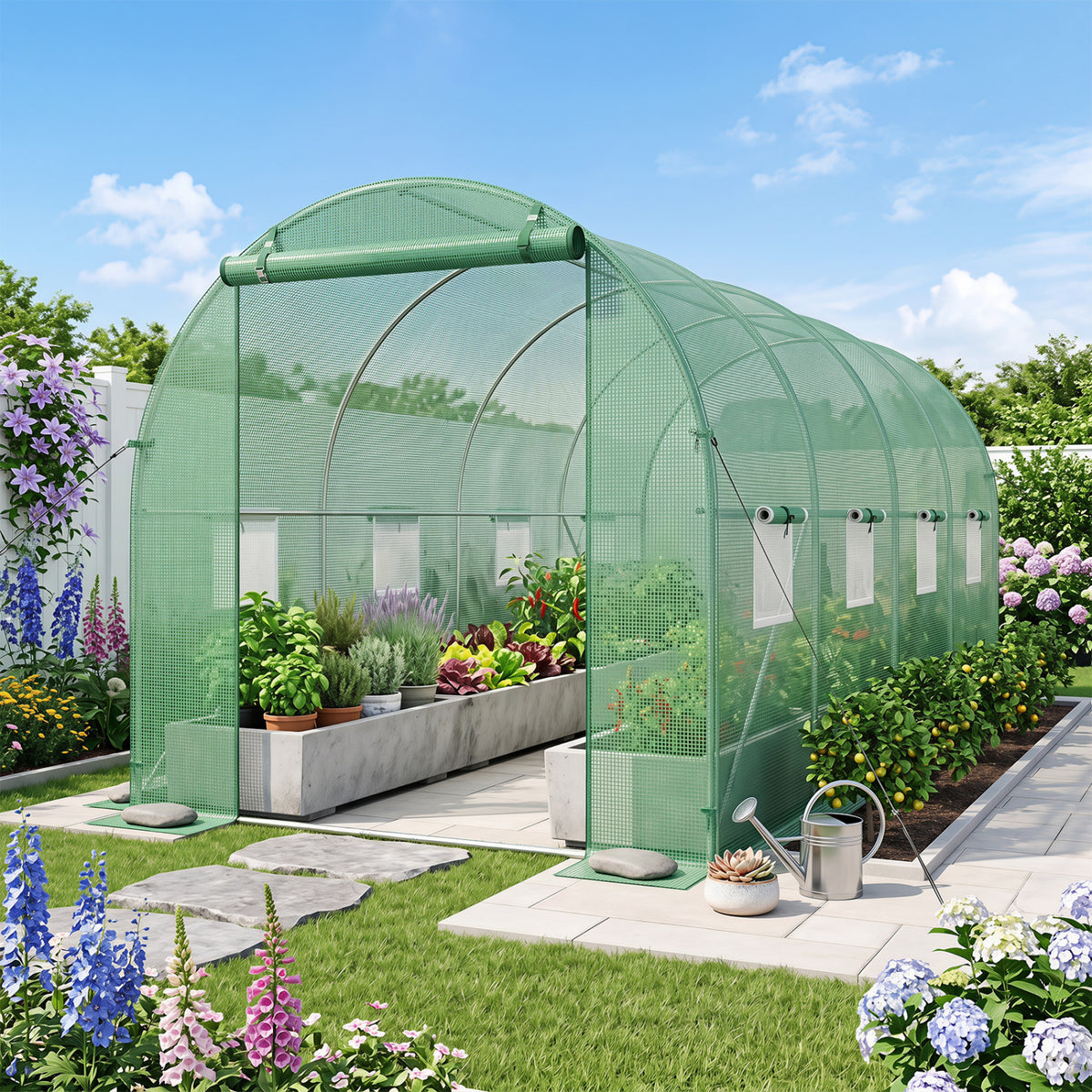 15 x 7 x 7 ft Walk-in Tunnel Greenhouse for Outdoors-Green view 3