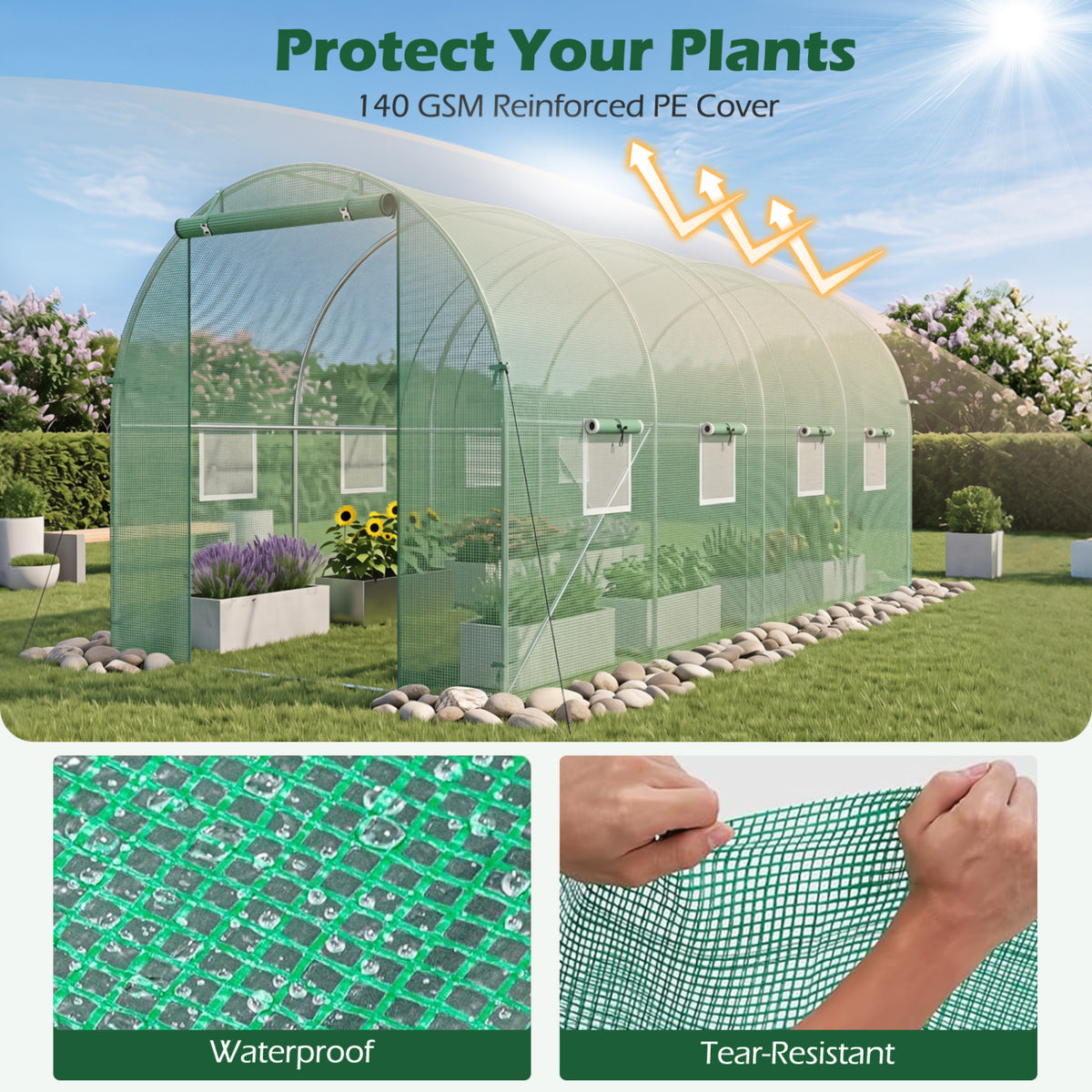 15 x 7 x 7 ft Walk-in Tunnel Greenhouse for Outdoors-Green view 8