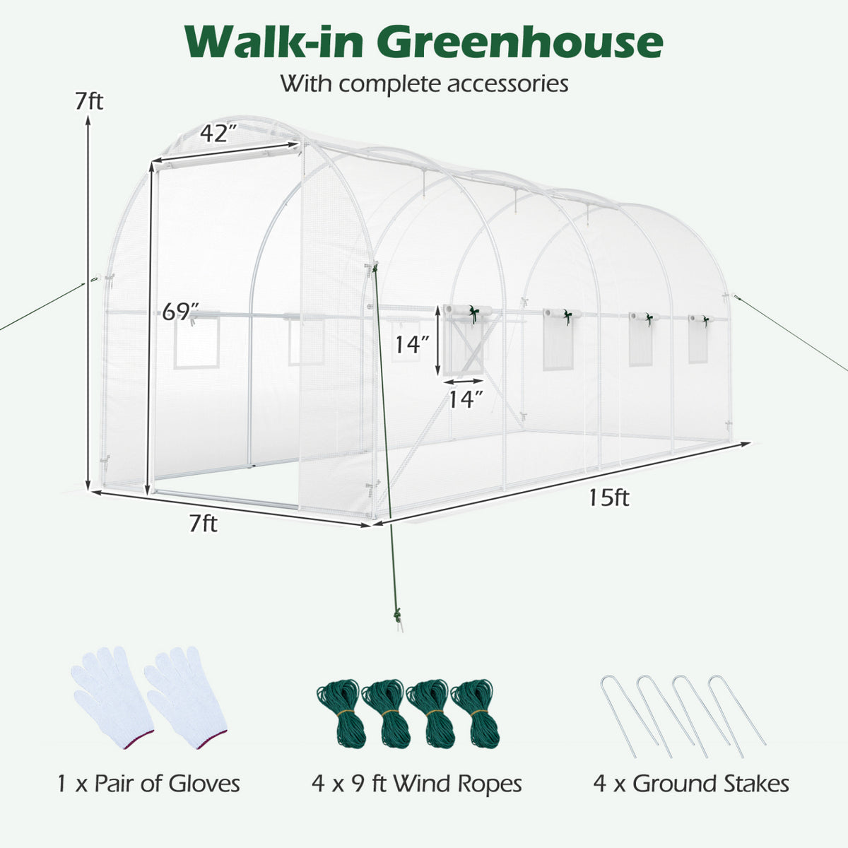 15 x 7 x 7 ft Walk-in Tunnel Greenhouse for Outdoors-White view 5