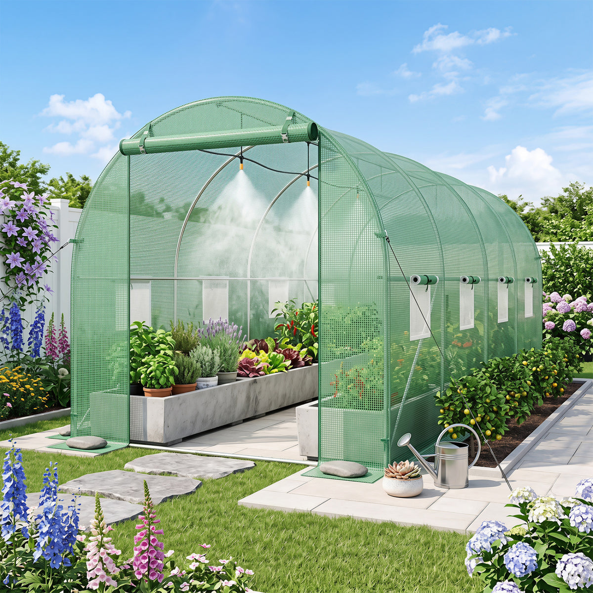 15 x 7 x 7 ft Walk-in Tunnel Greenhouse with Watering System-Green view 2
