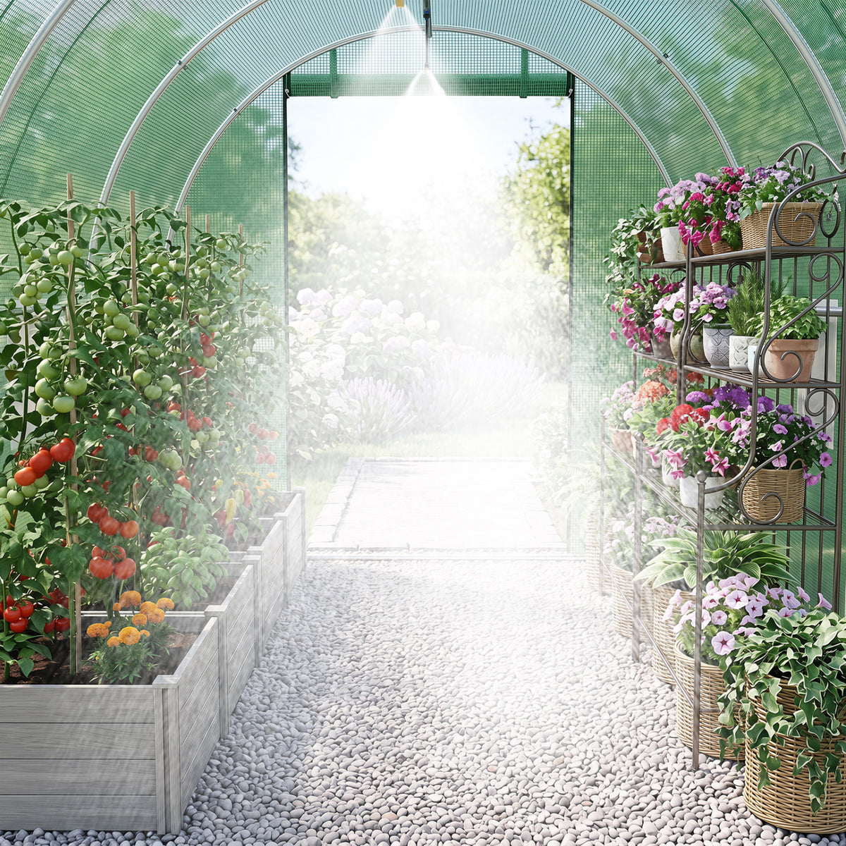 15 x 7 x 7 ft Walk-in Tunnel Greenhouse with Watering System-Green view 3