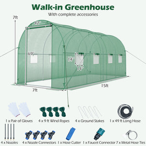 15 x 7 x 7 ft Walk-in Tunnel Greenhouse with Watering System-Green view 5