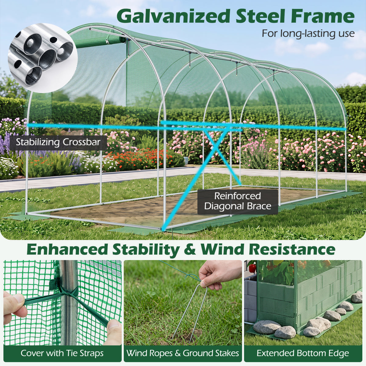 15 x 7 x 7 ft Walk-in Tunnel Greenhouse with Watering System-Green view 8