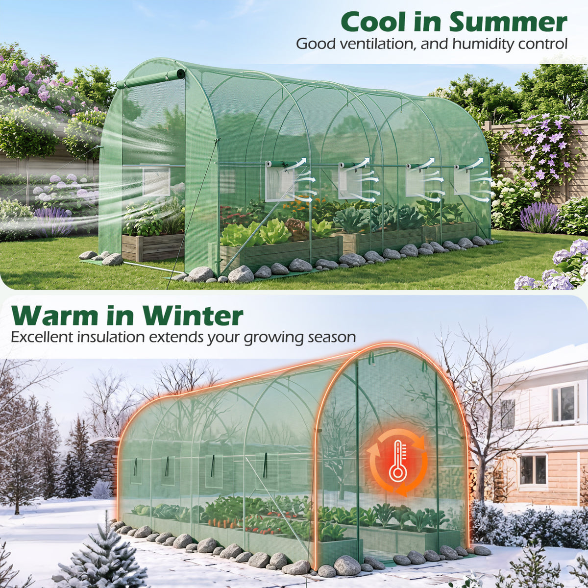15 x 7 x 7 ft Walk-in Tunnel Greenhouse with Watering System-Green view 9