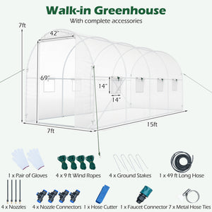 15 x 7 x 7 ft Walk-in Tunnel Greenhouse with Watering System-White view 5