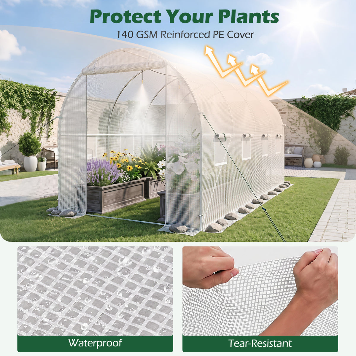 15 x 7 x 7 ft Walk-in Tunnel Greenhouse with Watering System-White view 7