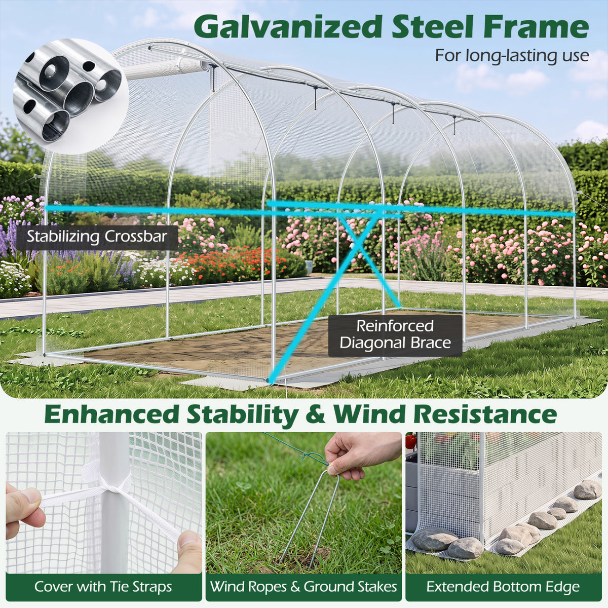 15 x 7 x 7 ft Walk-in Tunnel Greenhouse with Watering System-White view 8