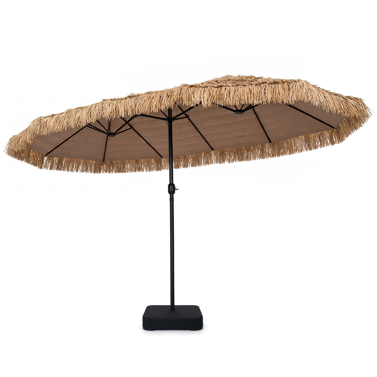 15 x 9 FT Solar Double-Sided Patio Umbrella Base Included for Garden Bar-Brown