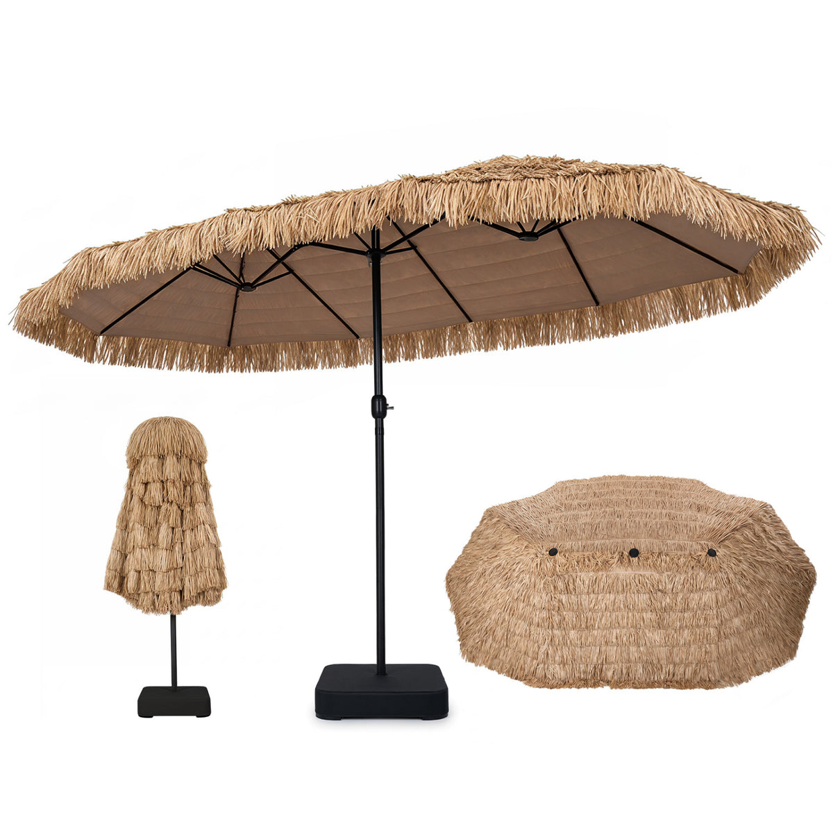 15 x 9 FT Solar Double-Sided Patio Umbrella Base Included for Garden Bar-Brown view 4