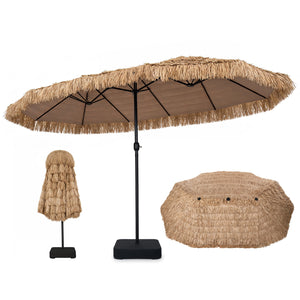 15 x 9 FT Solar Double-Sided Patio Umbrella Base Included for Garden Bar-Brown view 4