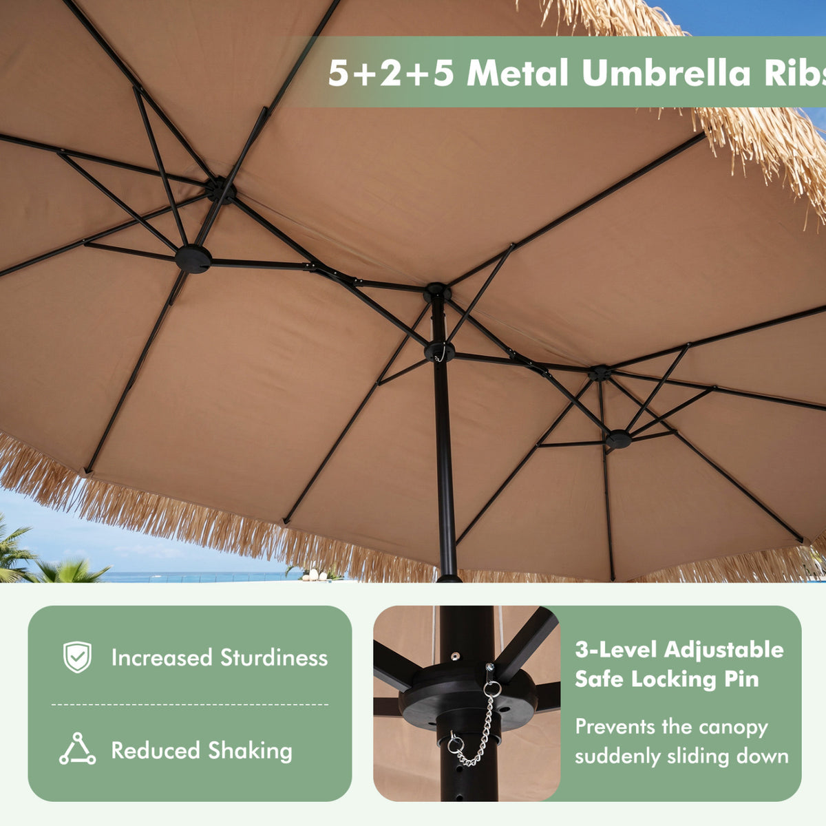 15 x 9 FT Solar Double-Sided Patio Umbrella Base Included for Garden Bar-Brown view 8