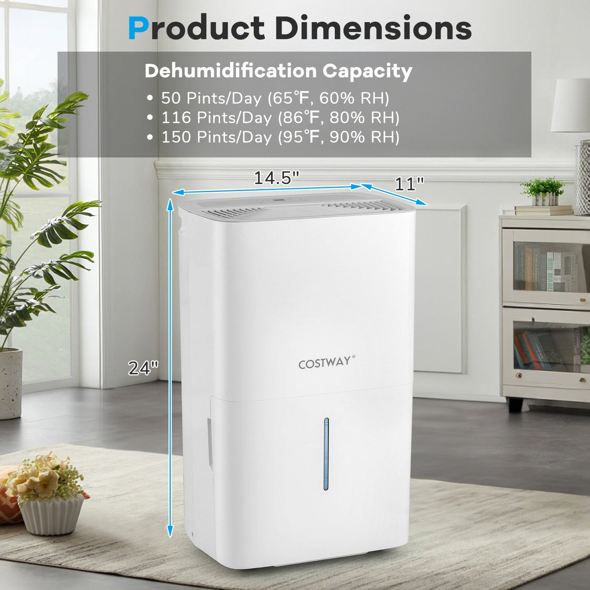 150 Pints Dehumidifier with 24H Timer and LED Display-White view 3