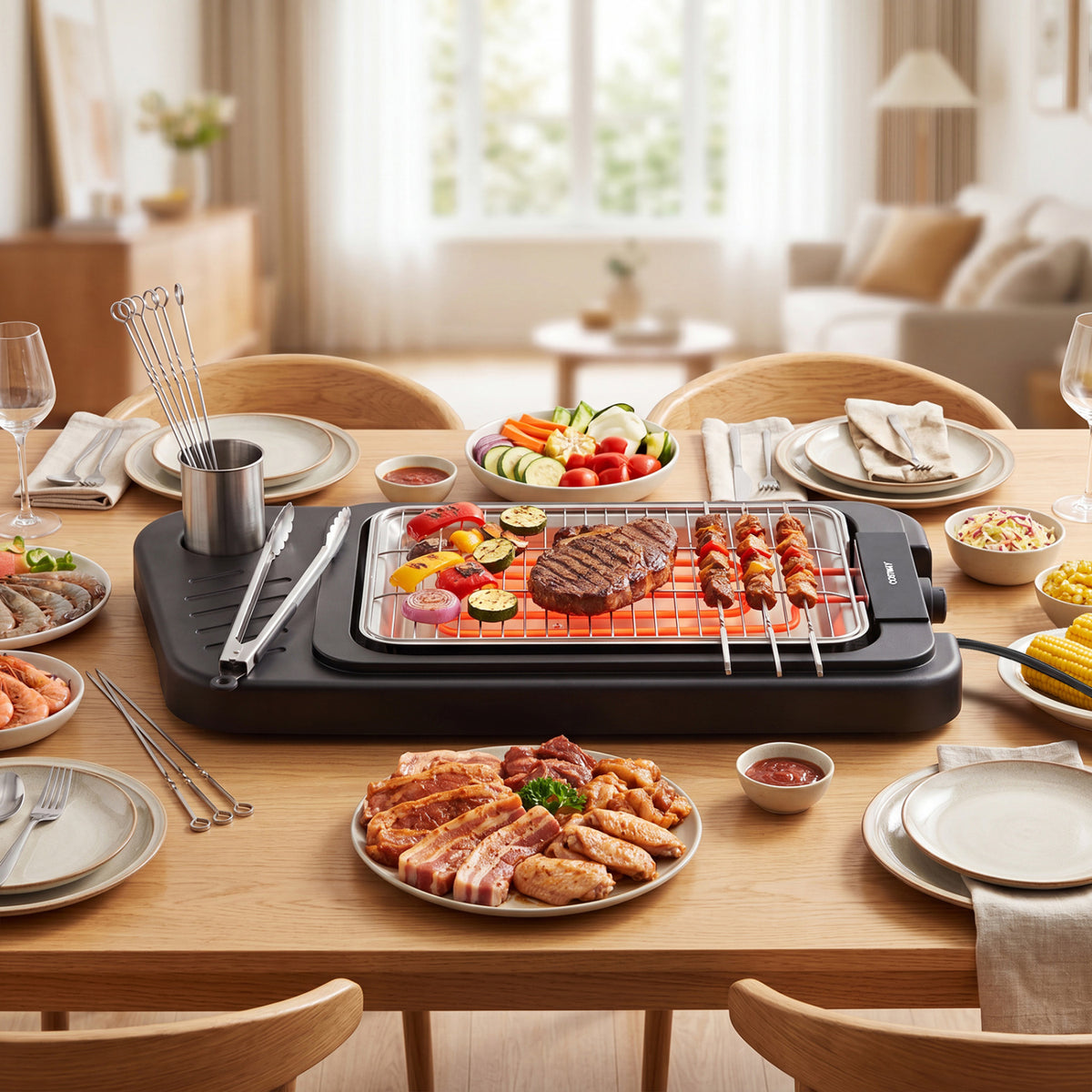 1500W 2-in-1 Electric Grill with Detachable Stand and Dual Plates for Balcony-Red view 6