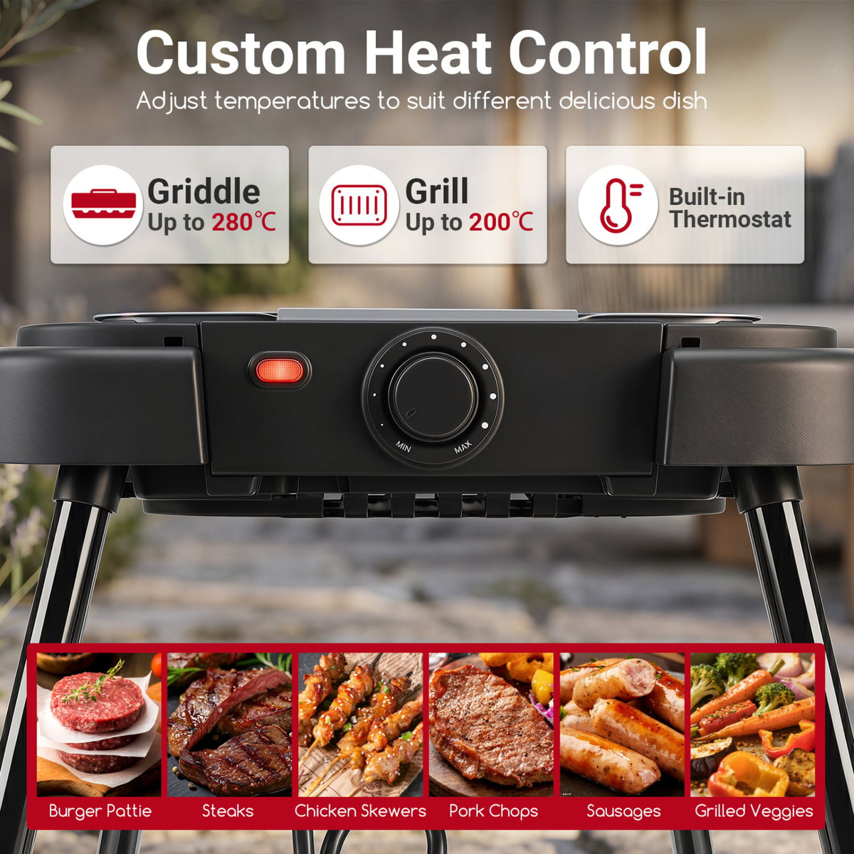1500W 2-in-1 Electric Grill with Detachable Stand and Dual Plates for Balcony-Red view 8