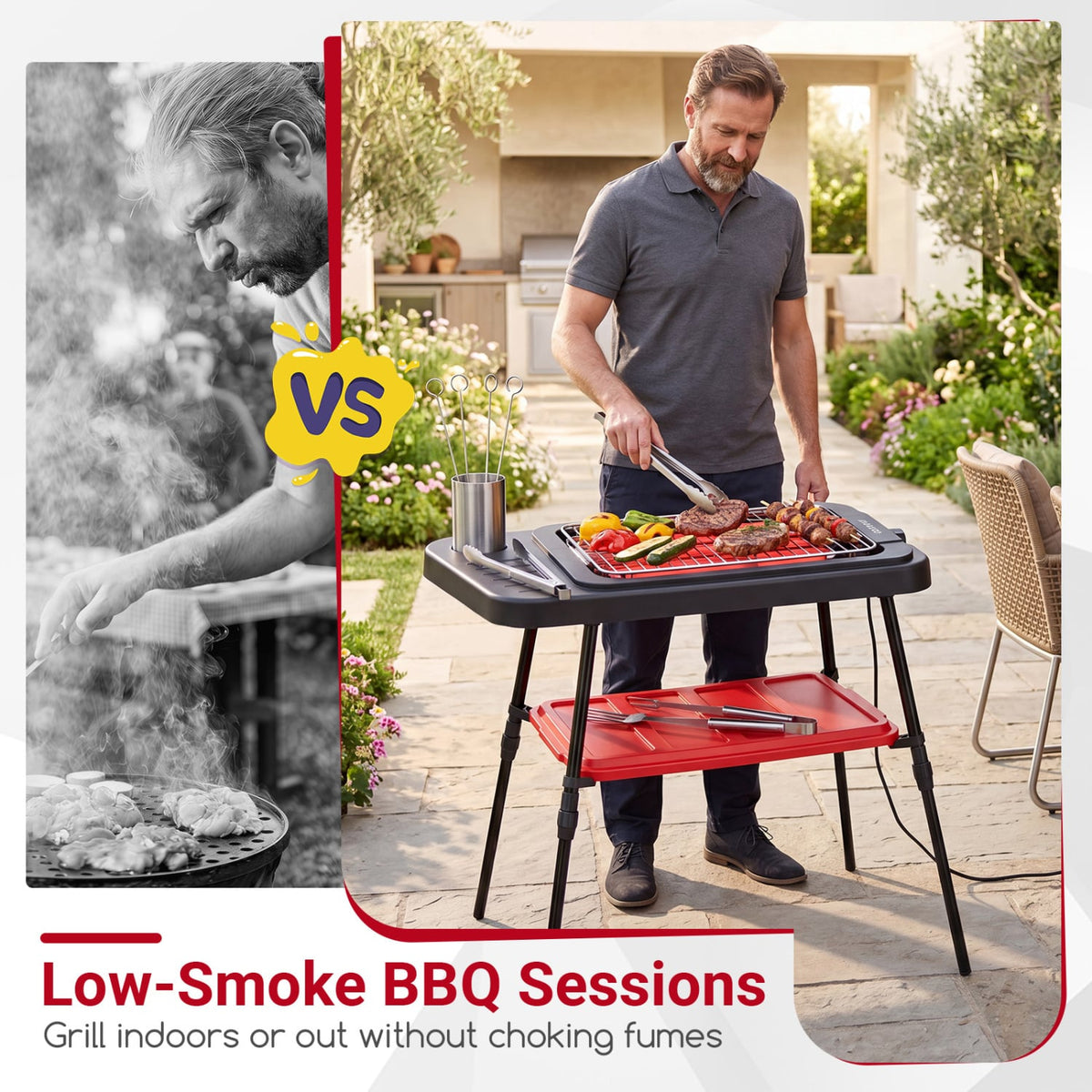 1500W 2-in-1 Electric Grill with Detachable Stand and Dual Plates for Balcony-Red view 9