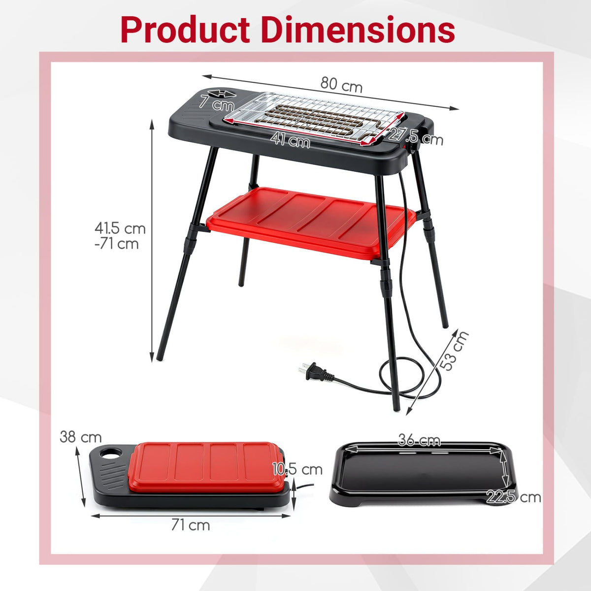1500W 2-in-1 Electric Grill with Detachable Stand and Dual Plates for Balcony-Red view 3