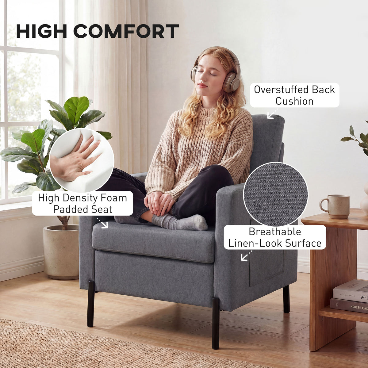 Accent Chair Modern Upholstered Armchair with Side Pockets and Cushion for Bedroom, Living Room, Beige – view 10