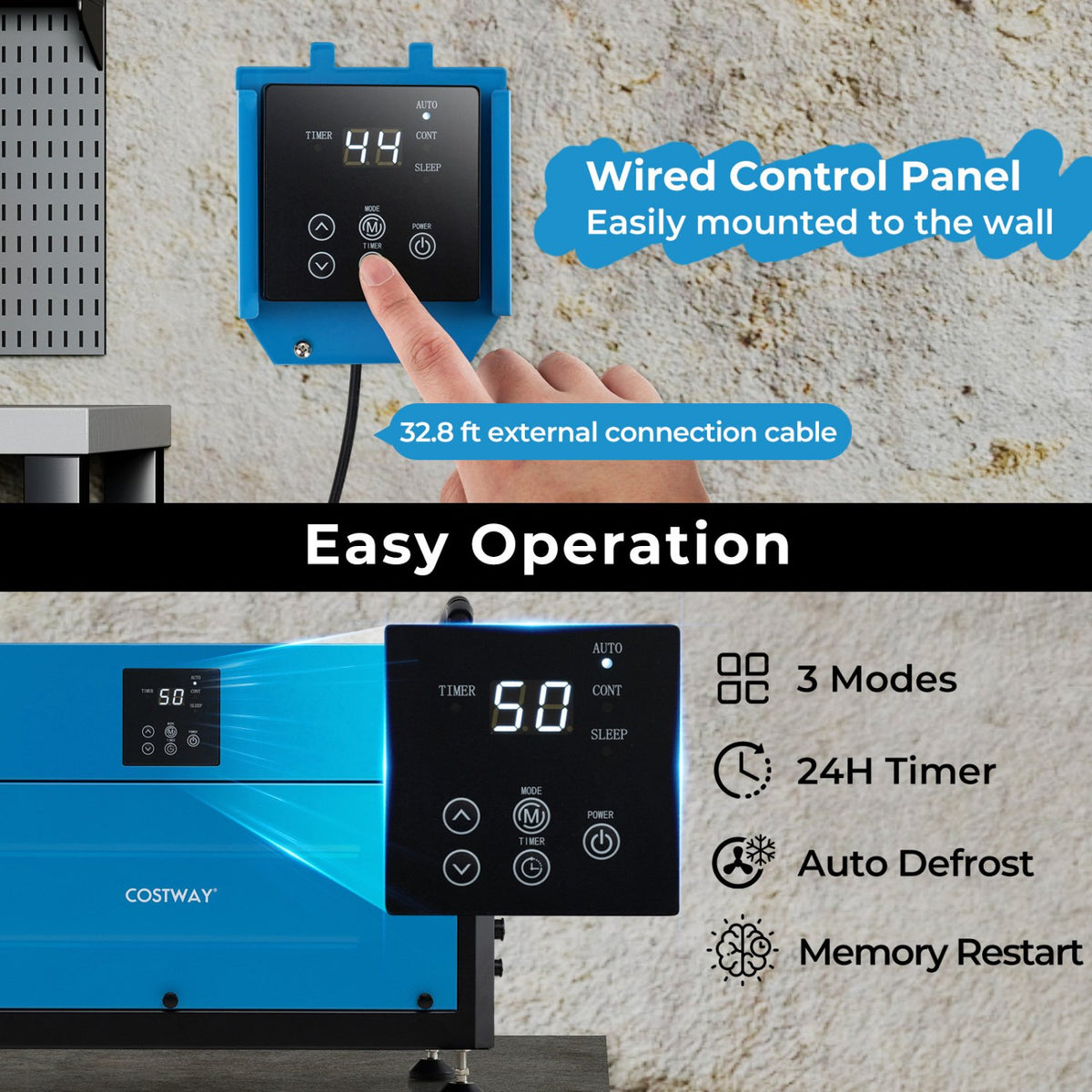 155 Pint Crawl Space Dehumidifier with 3 Modes and 24H Timer-Blue view 3