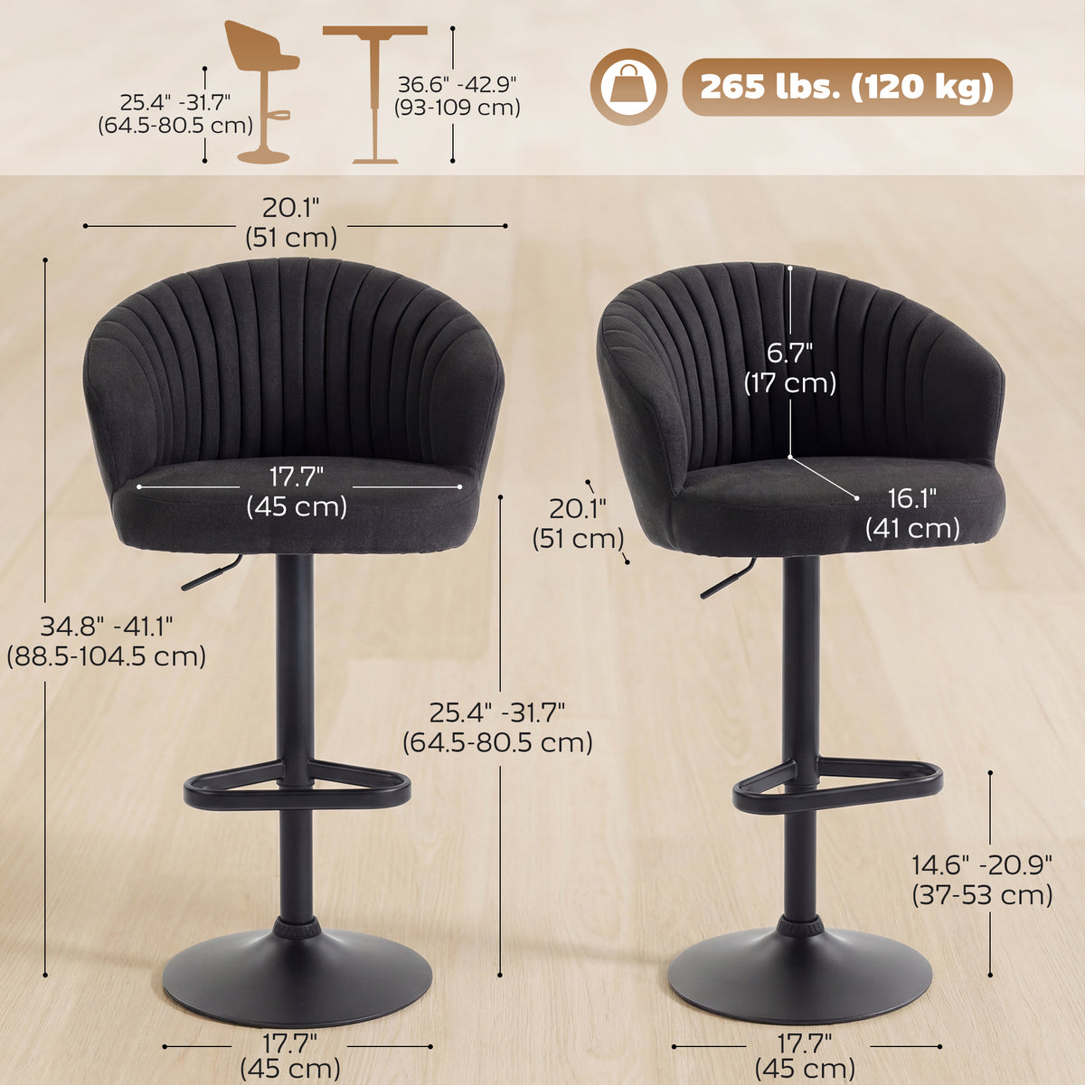 Bar Stools Set of 2, Swivel Counter Height Barstools with Back, Footrest, Adjustable Height, Beige – view 9