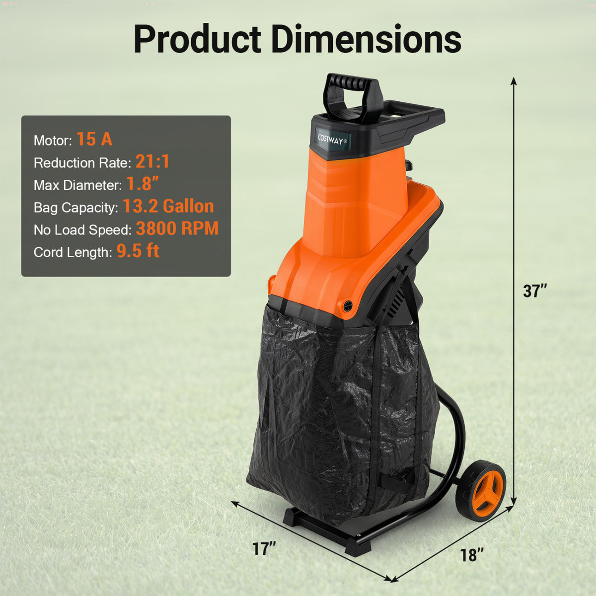 15-Amp Electric Wood Chipper Shredder Mulcher with 1.8 Inch Max Cutting Diameter-Orange view 3