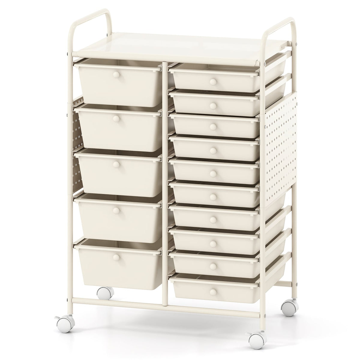 15-Drawer Rolling Storage Cart with Metal Tabletop and Pegboard-White