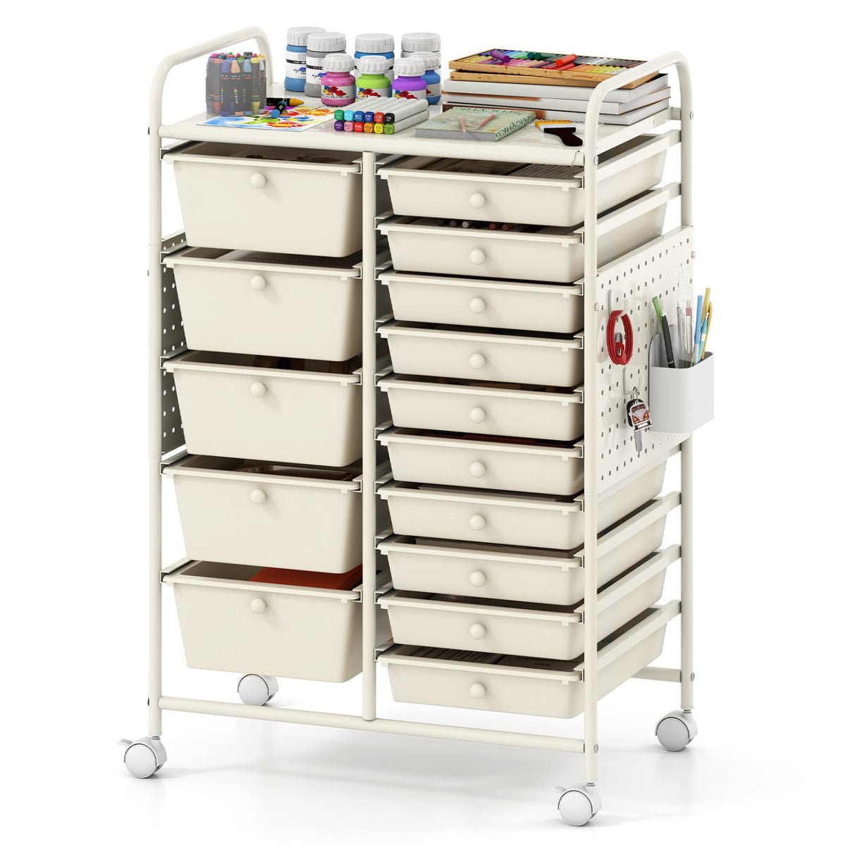 15-Drawer Rolling Storage Cart with Metal Tabletop and Pegboard-White view 4