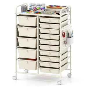 15-Drawer Rolling Storage Cart with Metal Tabletop and Pegboard-White view 4