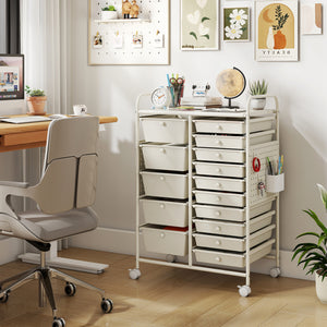 15-Drawer Rolling Storage Cart with Metal Tabletop and Pegboard-White view 2