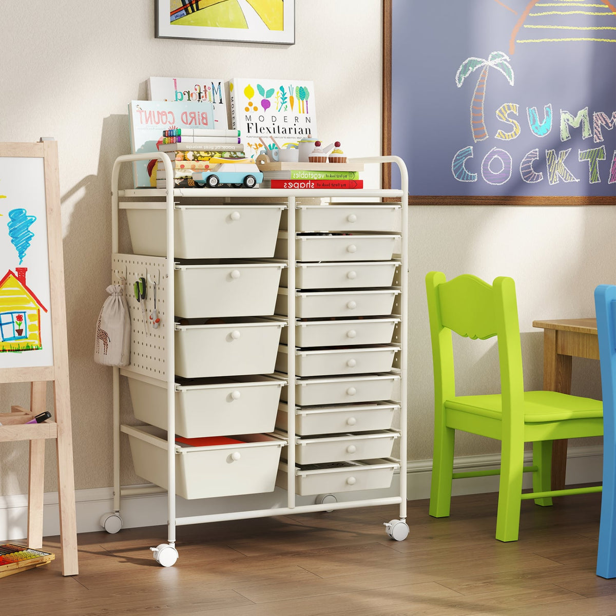 15-Drawer Rolling Storage Cart with Metal Tabletop and Pegboard-White view 3