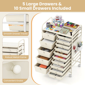 15-Drawer Rolling Storage Cart with Metal Tabletop and Pegboard-White view 6