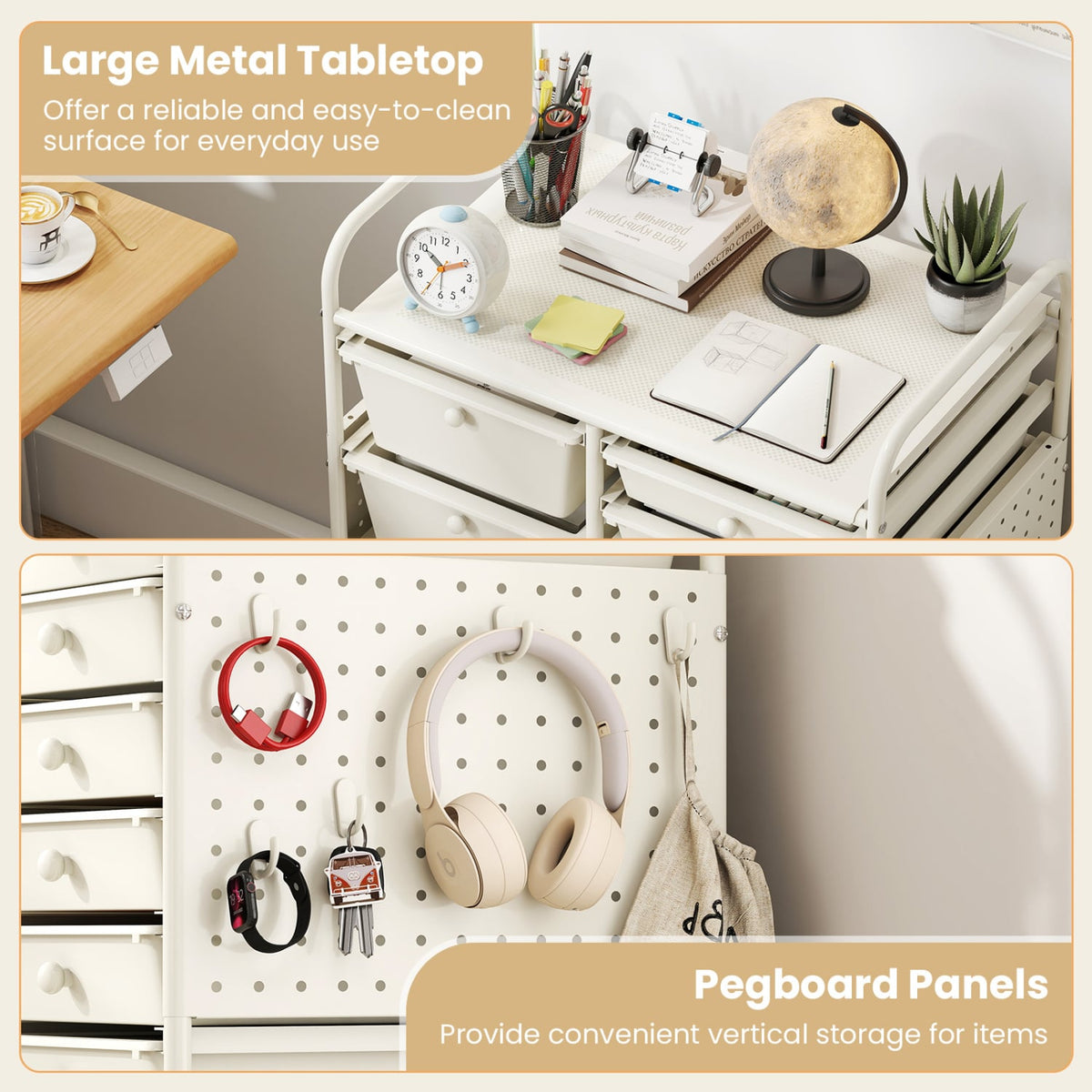 15-Drawer Rolling Storage Cart with Metal Tabletop and Pegboard-White view 7