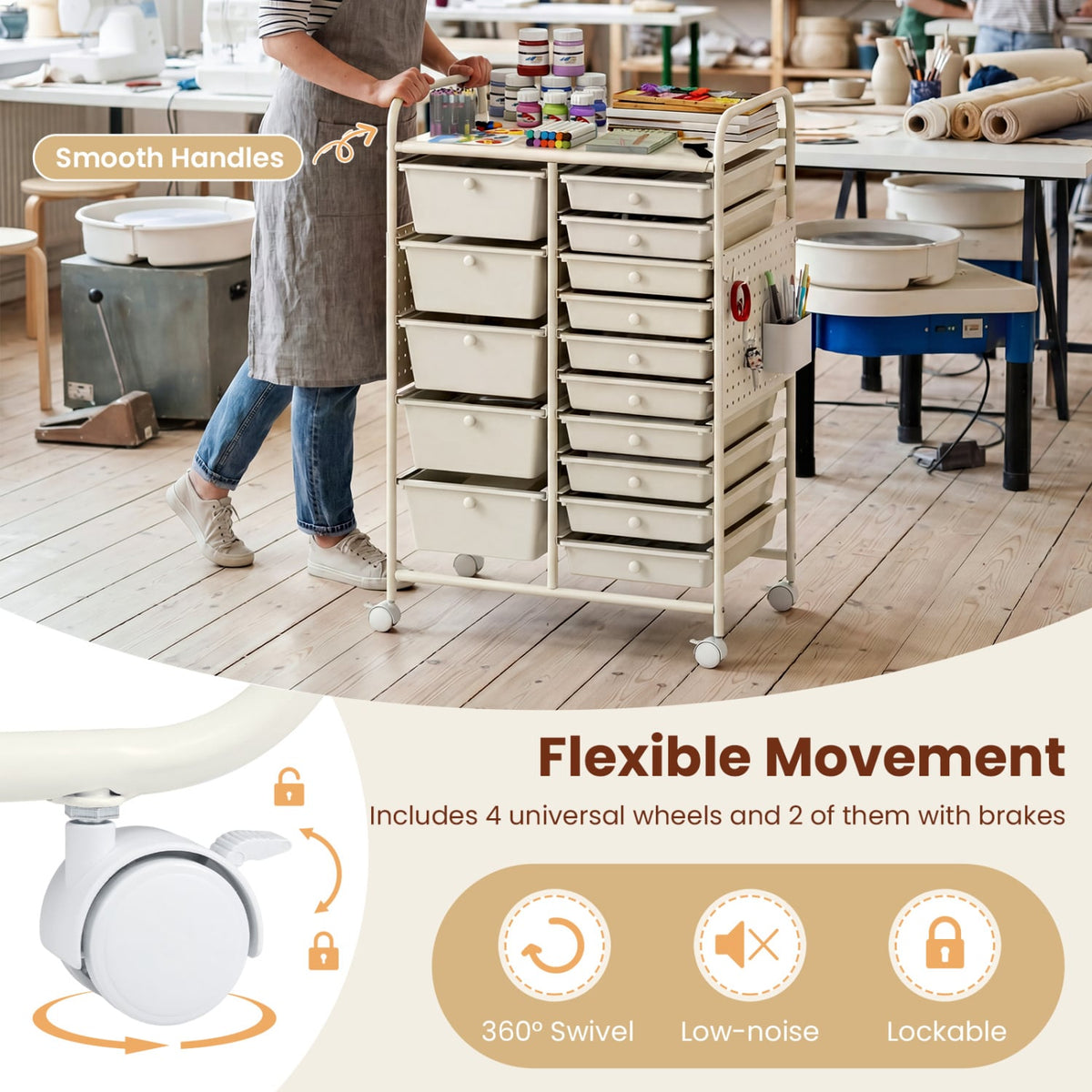 15-Drawer Rolling Storage Cart with Metal Tabletop and Pegboard-White view 8