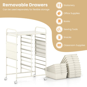 15-Drawer Rolling Storage Cart with Metal Tabletop and Pegboard-White view 9