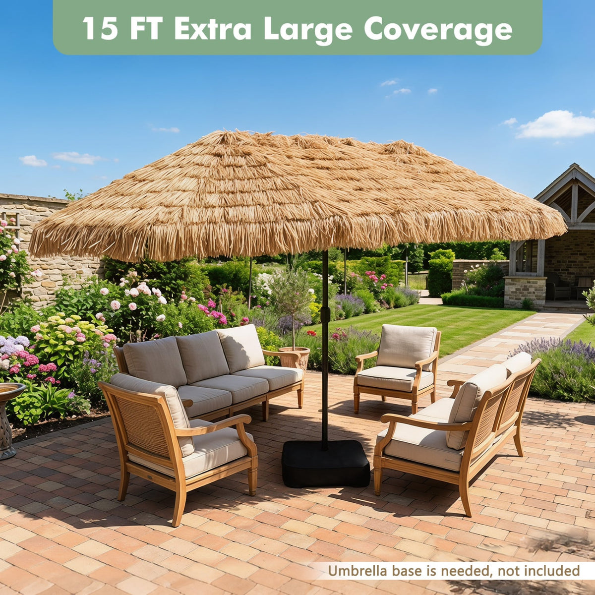15 x 9 FT Double-sided Thatched Tiki Patio Umbrella with Crank Handle and 12 Sturdy Ribs-Brown view 6