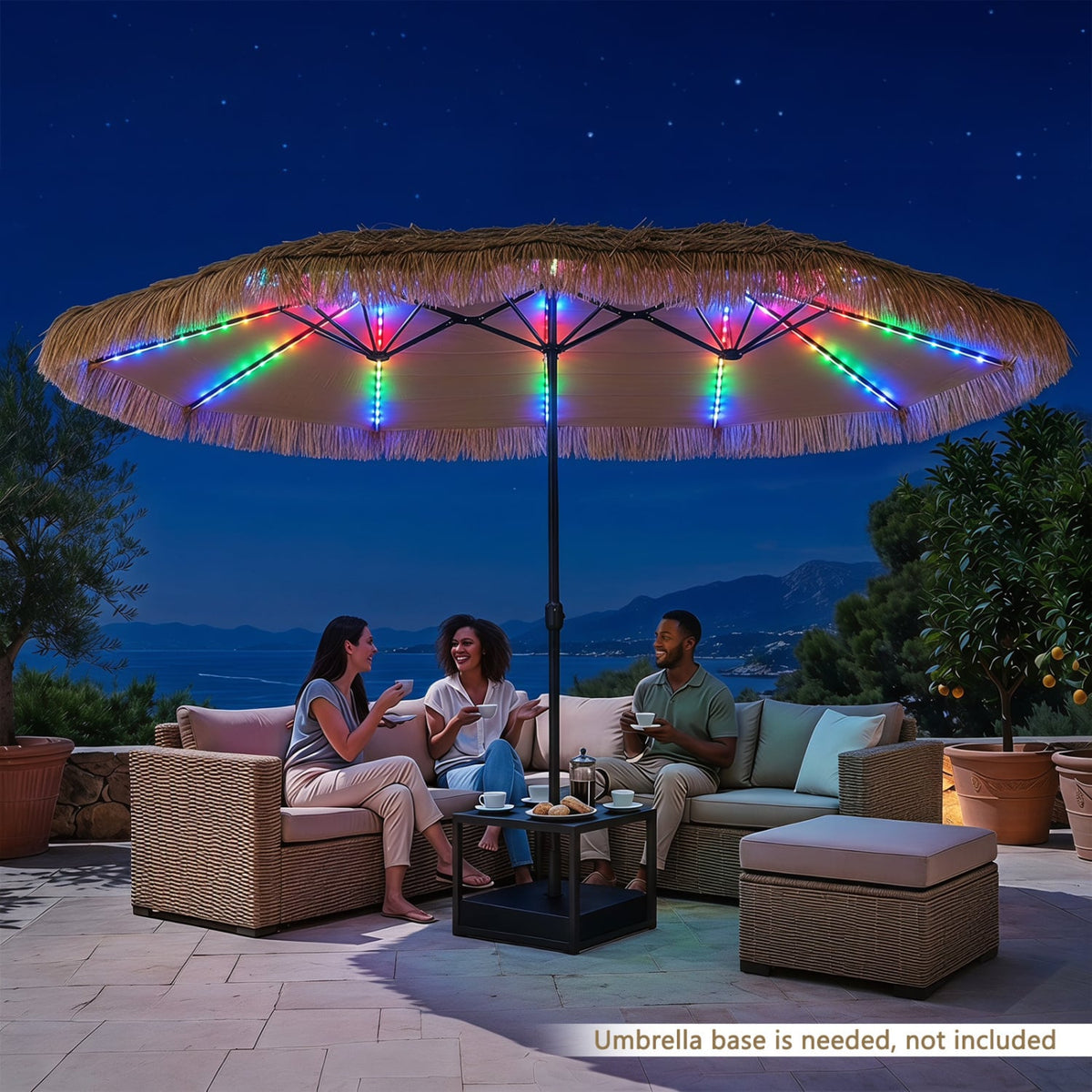 15 x 9 FT Solar Double-sided Patio Umbrella with 144 Multi-colored Flowing Lights 12 Modes and 12 Ribs-Brown view 2