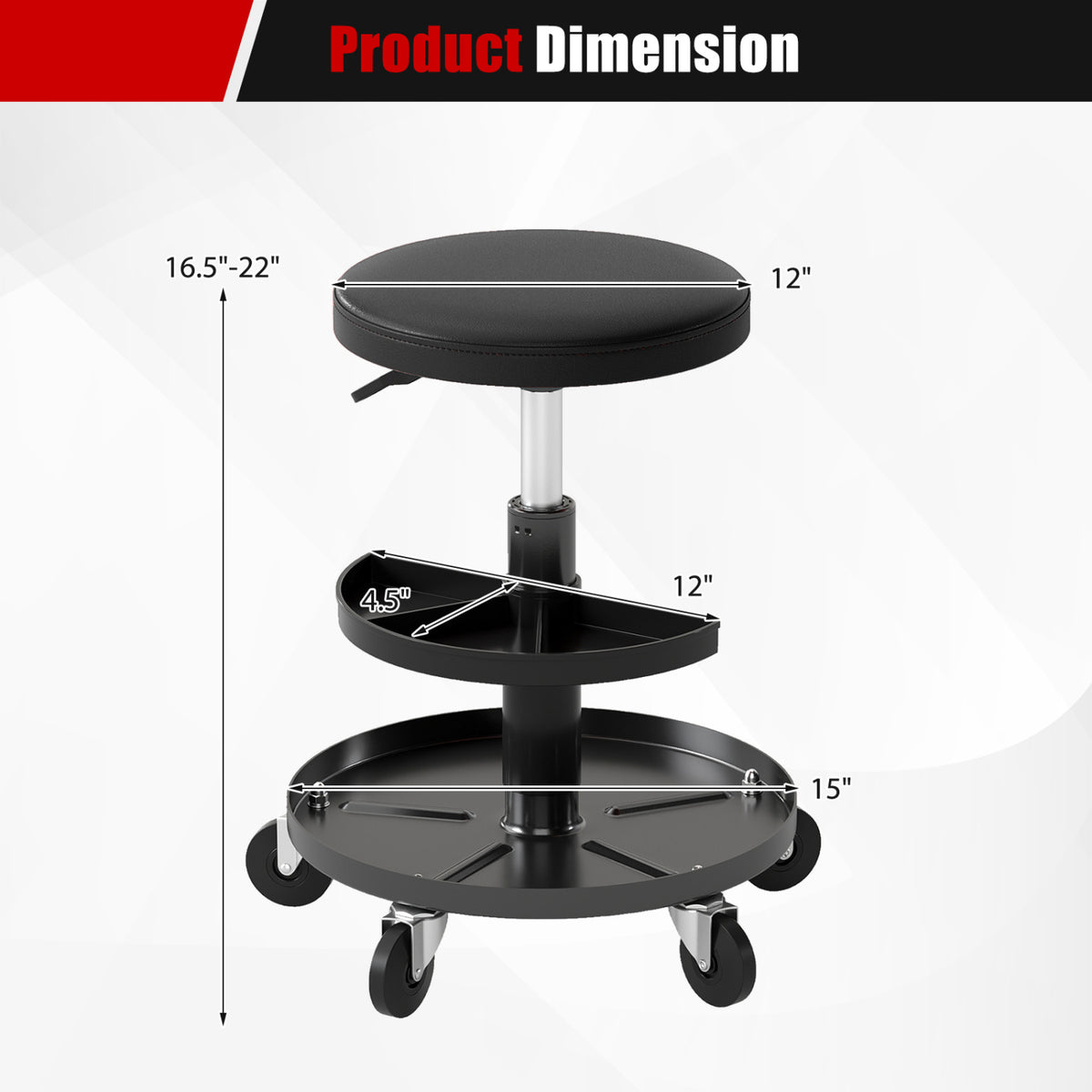 16.5 inches-22 inches Adjustable Height Seat Rolling Mechanic Stool with Wheels-Black view 4
